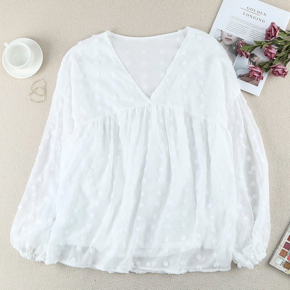 Tops - Romantic Boho 1X Flowy V Neck Lantern Sleeve White Top Shirt Blouse